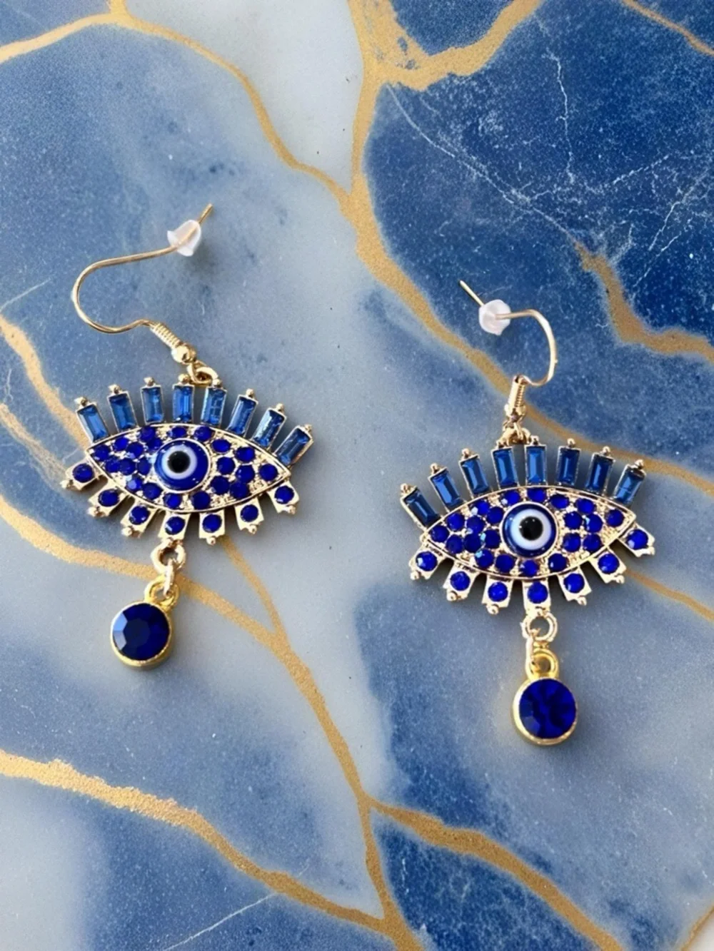 Gold-Tone Evil Eye Drop Earrings with Royal Blue Crystals - Women Jewelry